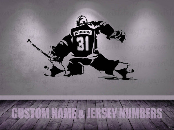 Female Hockey Goalie Vinyl Decal - CUSTOM NAME Girl Goalkeeper - ice hockey wall art - goaltender woman sticker sports bedroom decor