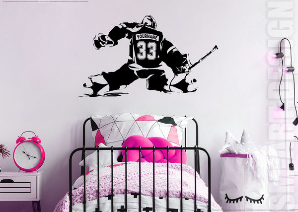 Female Hockey Goalie Vinyl Decal - CUSTOM NAME Girl Goalkeeper - ice hockey wall art - goaltender woman sticker sports bedroom decor